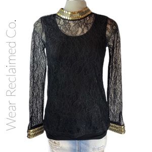 DESIGN HISTORY Black Lace and Gold Mock Neck Top
